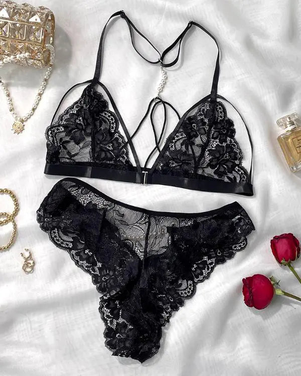 Pearls Decor Multi Straps Lace Lingerie Set
