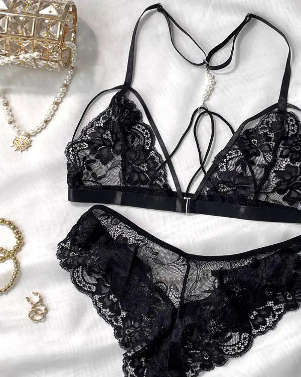 Pearls Decor Multi Straps Lace Lingerie Set