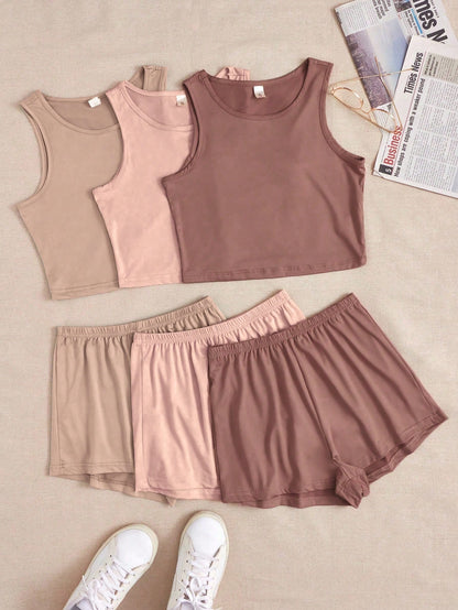 3pcs/Set Solid Color Vest & Shorts Home Wear Set