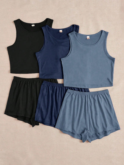 3pcs/Set Solid Color Vest & Shorts Home Wear Set
