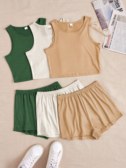3pcs/Set Solid Color Vest & Shorts Home Wear Set