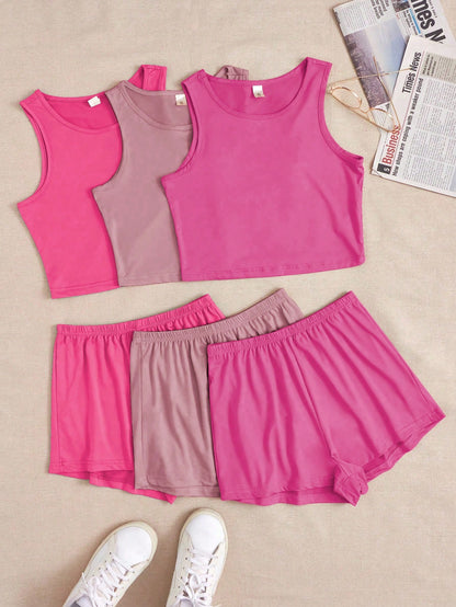 3pcs/Set Solid Color Vest & Shorts Home Wear Set