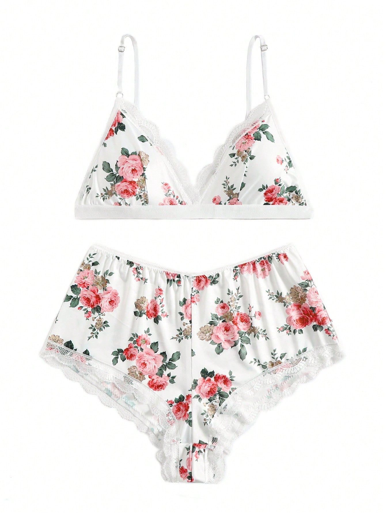 2packs Floral Print Contrast Lace Wireless Bra & Boyshorts Lingerie Set Without Robe