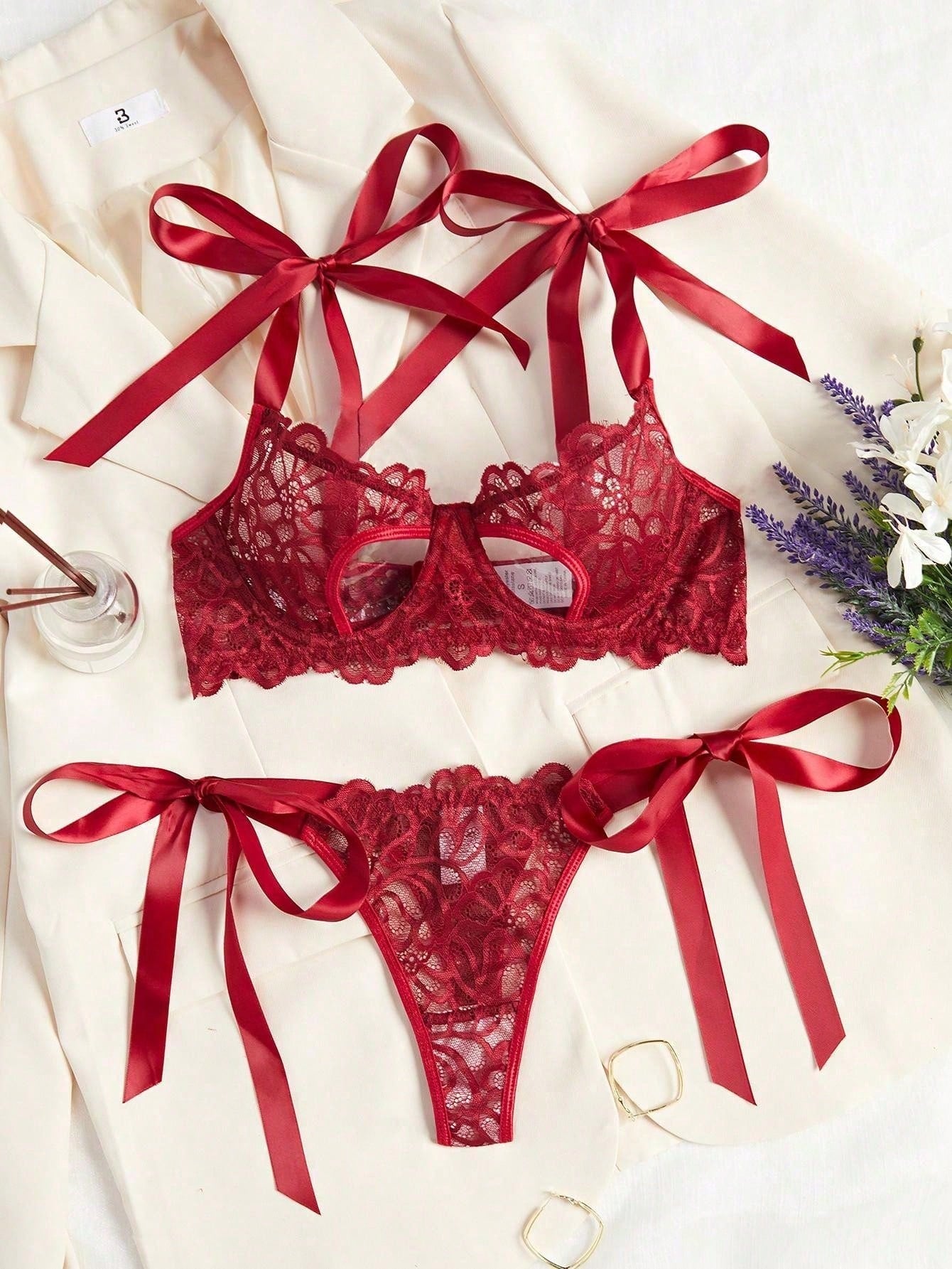 2pcs Set Women Sexy Hollow Lace Bow Lingerie Set, Christmas & Valentine's Day