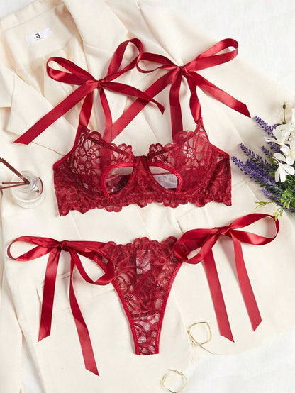 2pcs Set Women Sexy Hollow Lace Bow Lingerie Set, Christmas & Valentine's Day