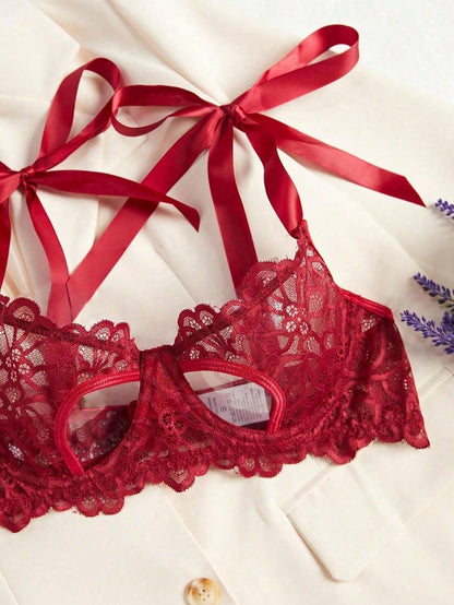 2pcs Set Women Sexy Hollow Lace Bow Lingerie Set, Christmas & Valentine's Day