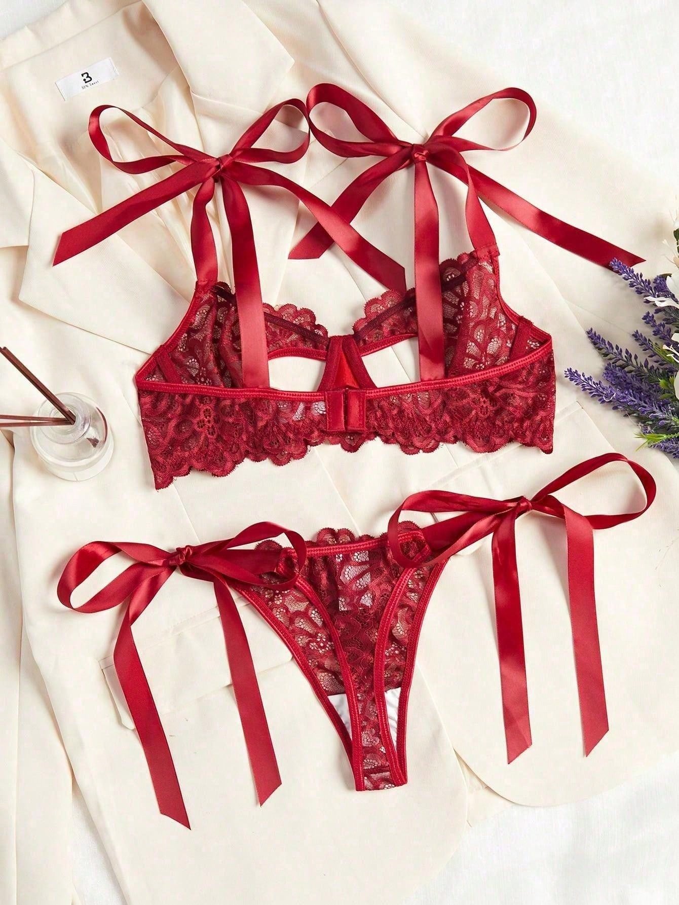 2pcs Set Women Sexy Hollow Lace Bow Lingerie Set, Christmas & Valentine's Day
