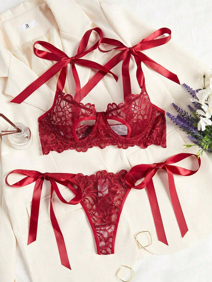 2pcs Set Women Sexy Hollow Lace Bow Lingerie Set, Christmas & Valentine's Day