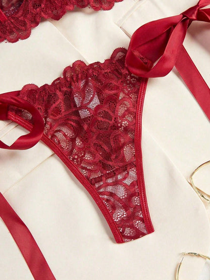2pcs Set Women Sexy Hollow Lace Bow Lingerie Set, Christmas & Valentine's Day