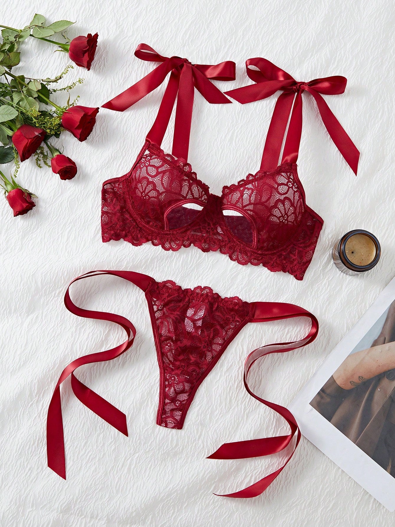 2pcs Set Women Sexy Hollow Lace Bow Lingerie Set, Christmas & Valentine's Day