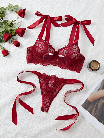 2pcs Set Women Sexy Hollow Lace Bow Lingerie Set, Christmas & Valentine's Day