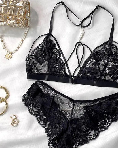 Pearls Decor Multi Straps Lace Lingerie Set
